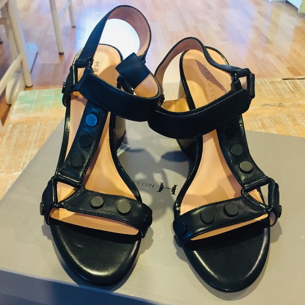 NEW Halston Heritage Mica Strappy Sandals 9 Black heels metallic - Picture 8 of 8